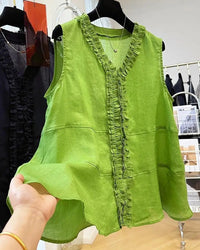 Ruffle-front V-neck sleeveless blouse. Lightweight blended fabric, relaxed fit — effortless summer style for everyday wear.