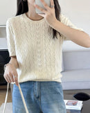 Pure Cotton Herringbone Knit Short-Sleeve T-Shirt