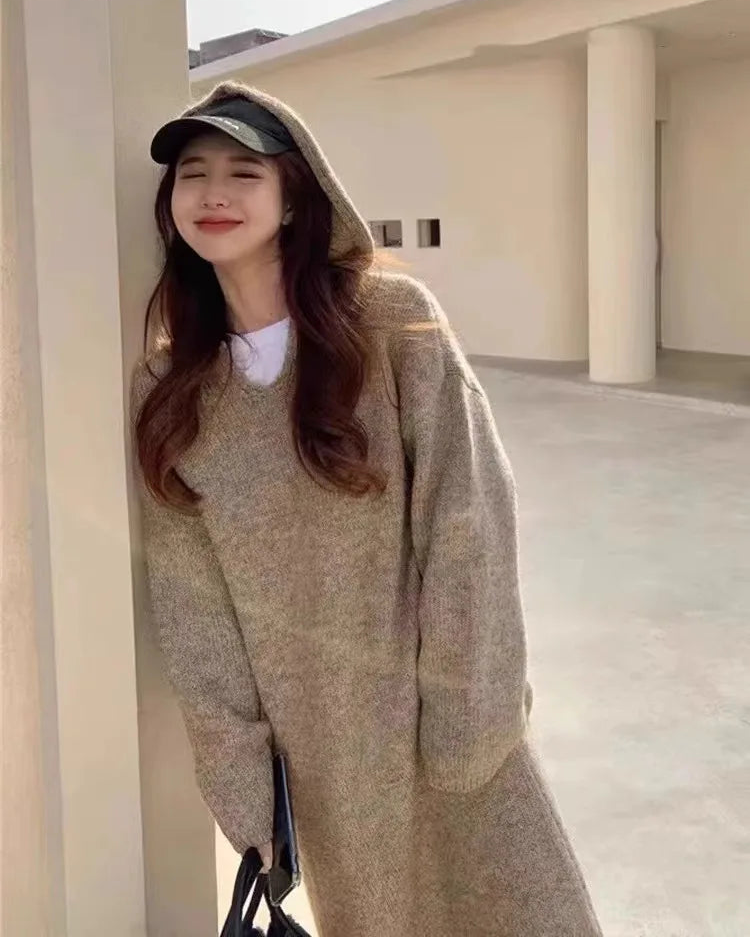 Cashmere Hooded Knit Midi Sweater Dress