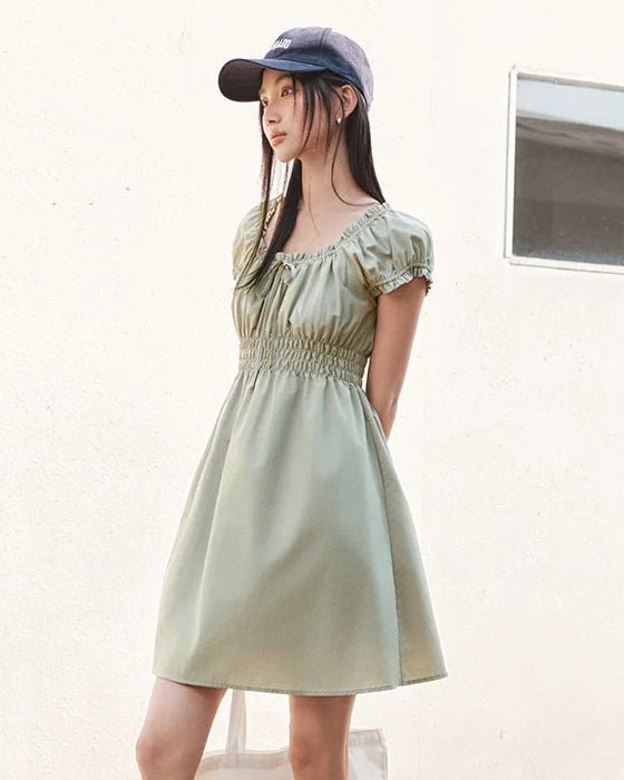 Square Neckline Bow-Trimmed Lace Mini Dress