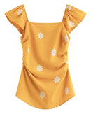 Square Neckline Ruffled Sleeve Fashion Linen Shirt