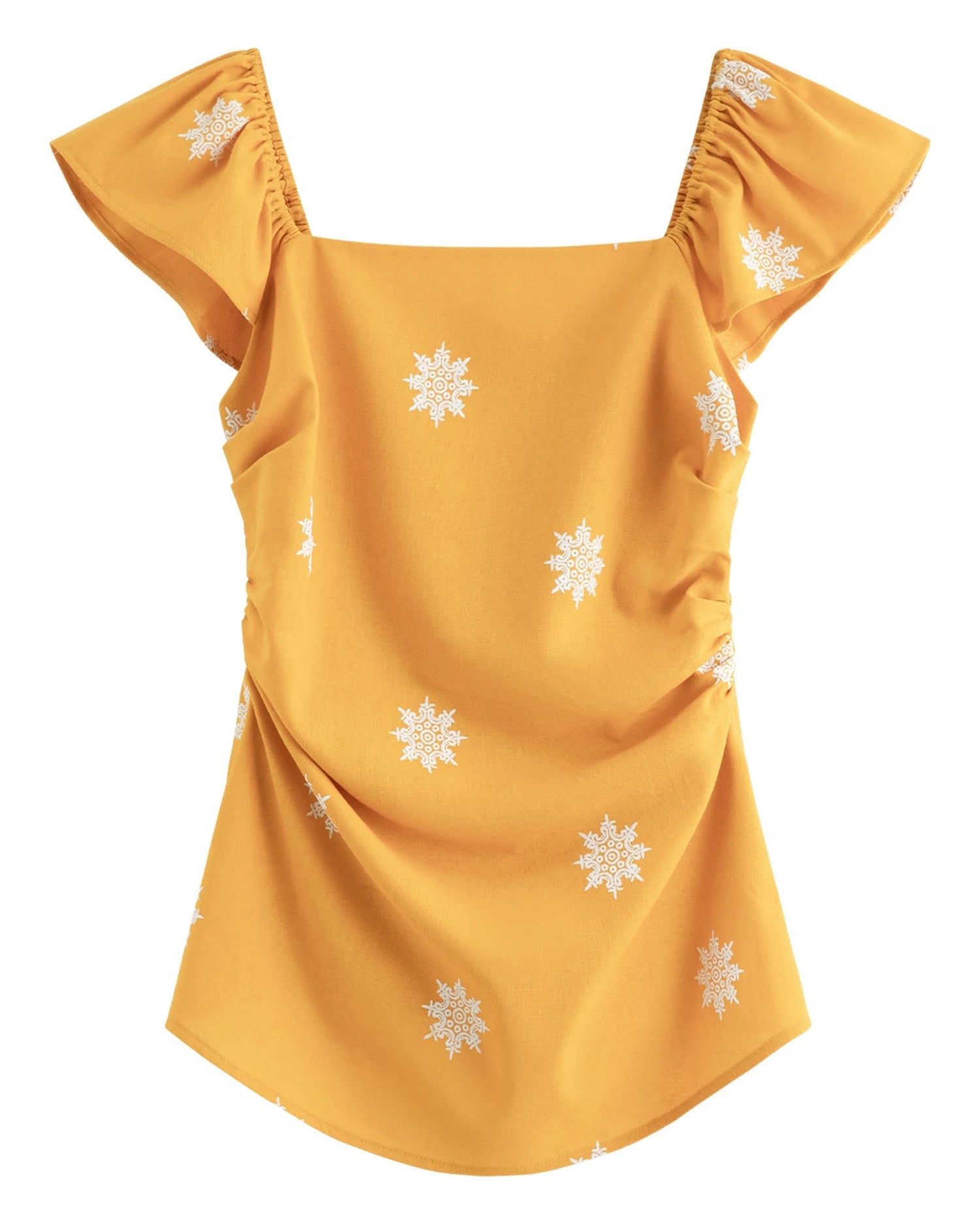 Square Neckline Ruffled Sleeve Fashion Linen Shirt