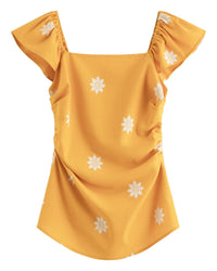 Square Neckline Ruffled Sleeve Fashion Linen Shirt