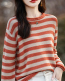 Cotton O-Neck Curled Colourful Stripe Loose Pullover Sweater