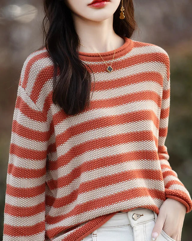 Cotton O-Neck Curled Colourful Stripe Loose Pullover Sweater