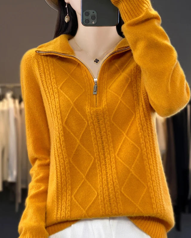 Wool Turtleneck Twisted Stripe Half-Zip Loose Pullover Sweater