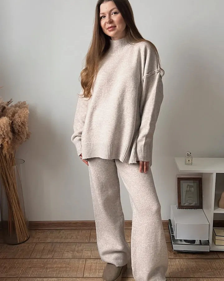 Turtleneck Slit Knit Top & Ankle Trouser Set