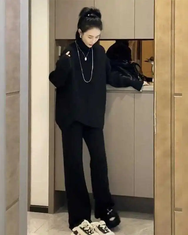 Turtleneck Knit Sweater & Wide-Leg Pants Two-Piece Set