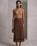 Satin Lace Trim A-Line Maxi Skirt