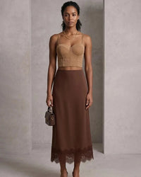 Satin Lace Trim A-Line Maxi Skirt