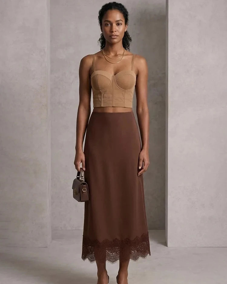 Satin Lace Trim A-Line Maxi Skirt