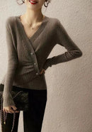 Designers' V-neck Wool Sweater with Asymmetrical Buttons