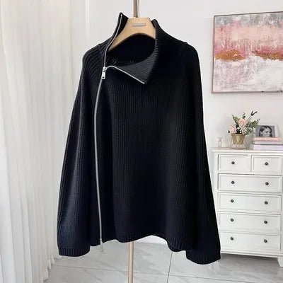 Oversized Irregular Zipper High Neck Cashmere Sweater