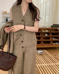 V-Neck Knit Coat + Vest + Wide-Leg Trouser 3-Piece Set
