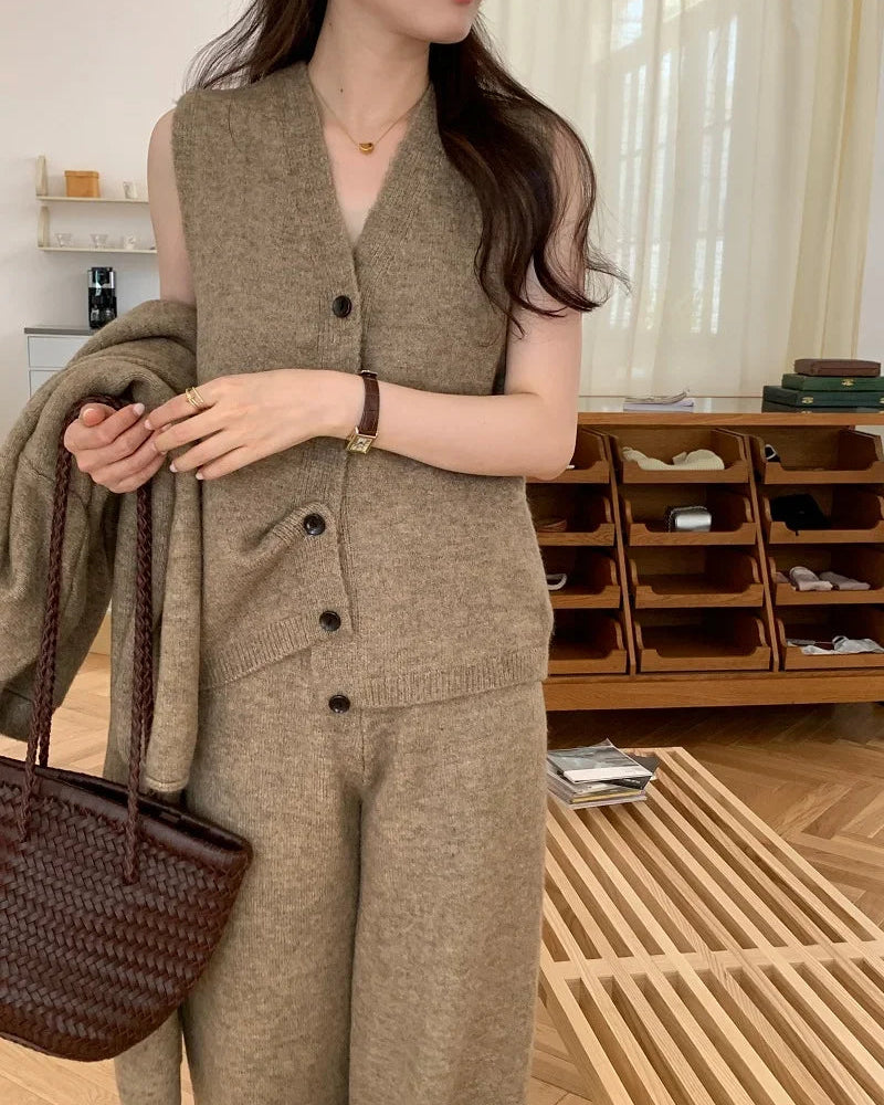 V-Neck Knit Coat + Vest + Wide-Leg Trouser 3-Piece Set