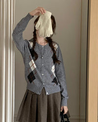 Argyle Wool Knit Cropped Cardigan