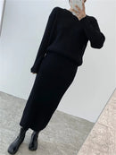 Ribbed Knited Round-Neck Sweater & Midi Skirt Set