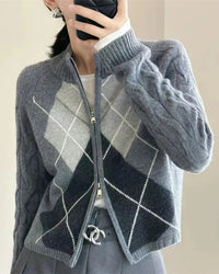 A argyle merino wool zip cardigan with mock neck, zip front, argyle diamonds, cable-knit sleeves, regular fit, long sleeves and stretch, designed for a cozy winter layering look that pairs from sneakers to boots.