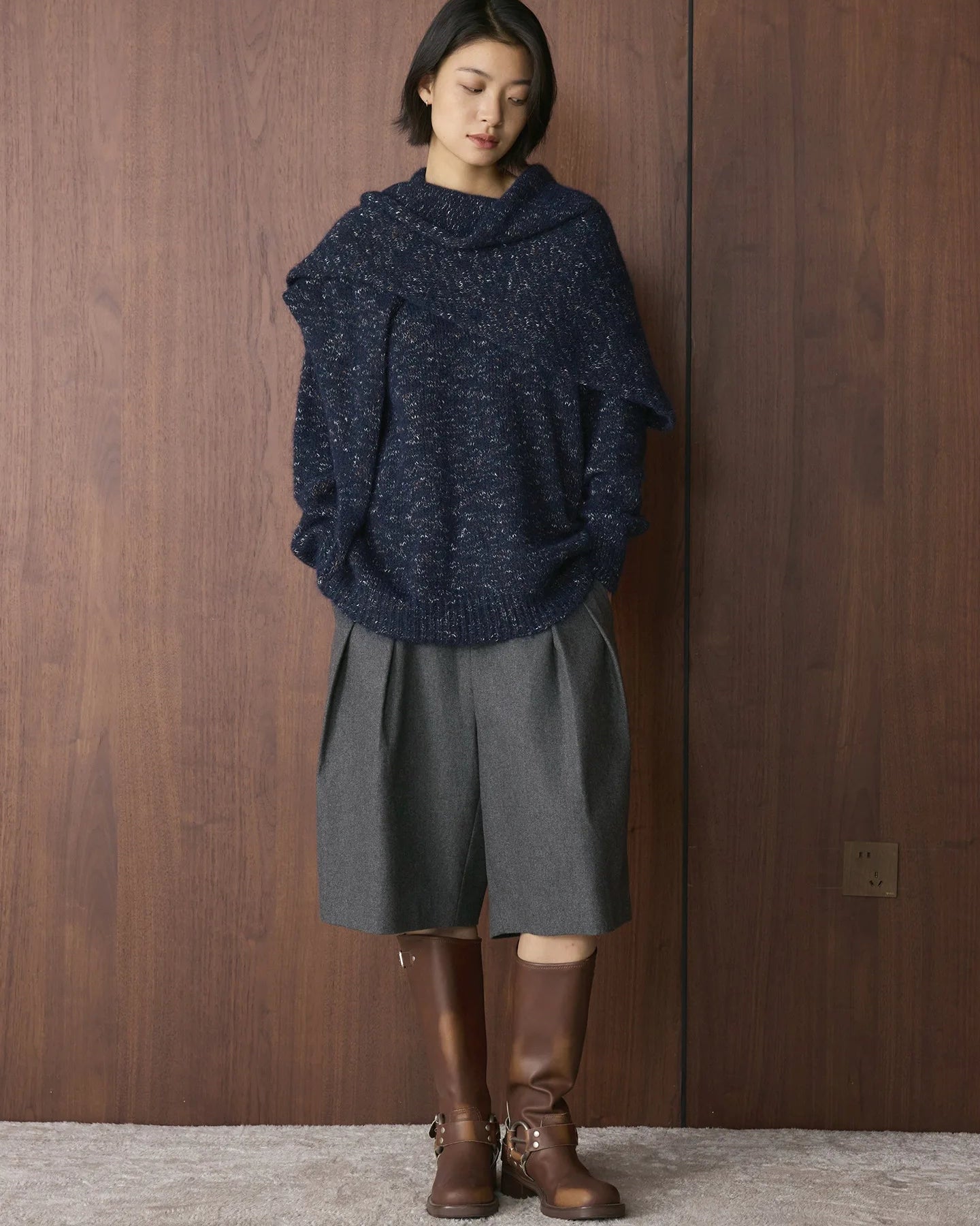 Wool Blend Shawl-Style Loose Thick Knit Pullover