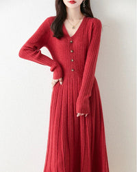 Merino Wool V-Neck Knit Midi Dress
