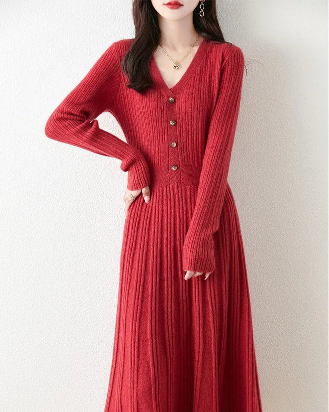 Merino Wool V-Neck Knit Midi Dress