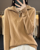 Wool Turtleneck Twisted Stripe Half-Zip Loose Pullover Sweater
