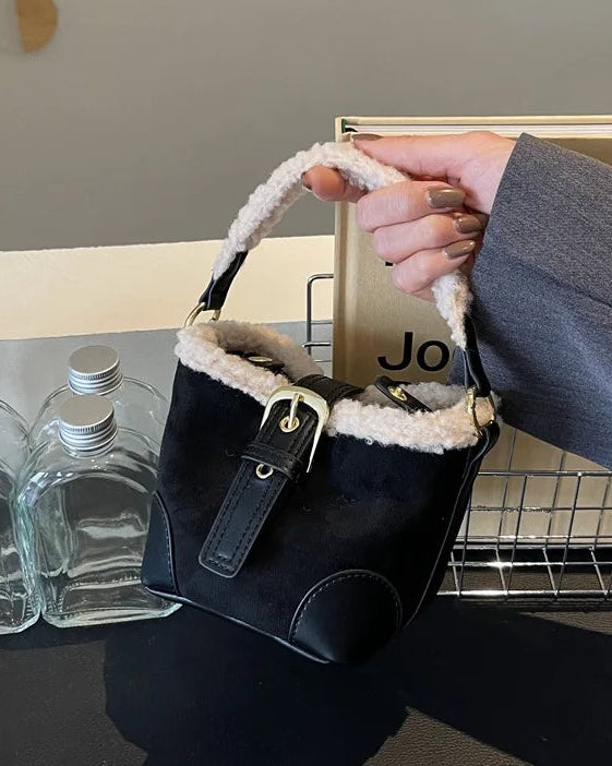 Faux Suede Plush Bucket Shoulder Bag