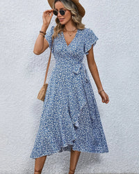Floral Print V-Neck Lace-Up Flare Sleeve Midi Dress