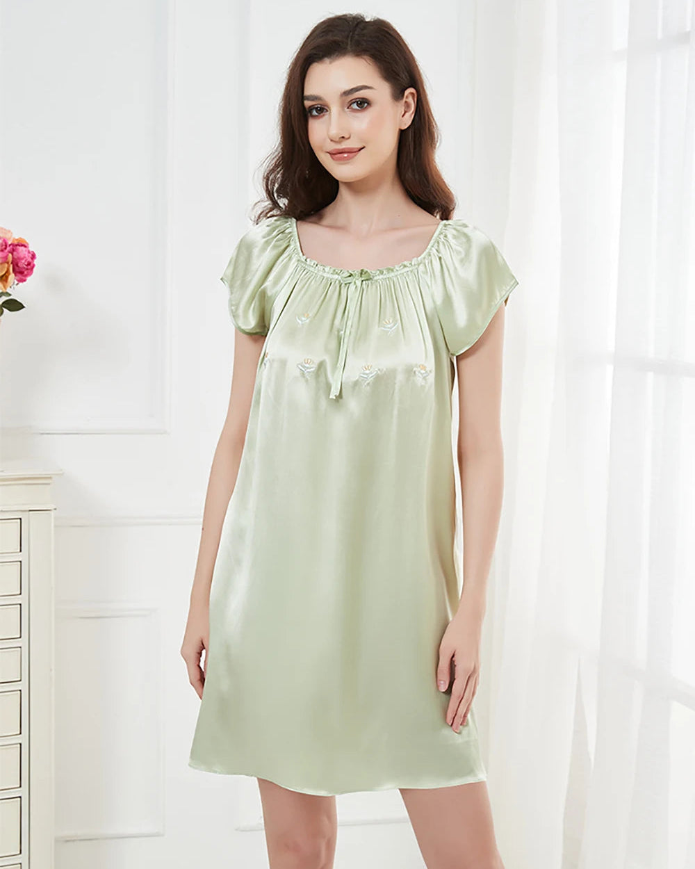 Mulberry Silk Flutter-Sleeve Mini Nightgown