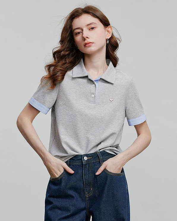 Women's Embroidered piqué short sleeve top featuring a turn-down collar and regular fit, crafted from breathable cotton blend for polished preppy style from office meetings to weekend brunch.