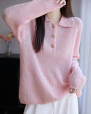 Merino Wool Hollow Polo Collar Loose Thick Knit Pullover