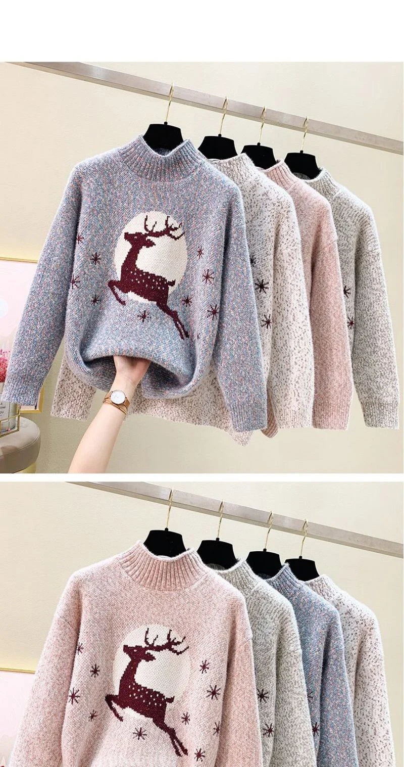 Elk printed Mink Velvet Mock Neck Sweater