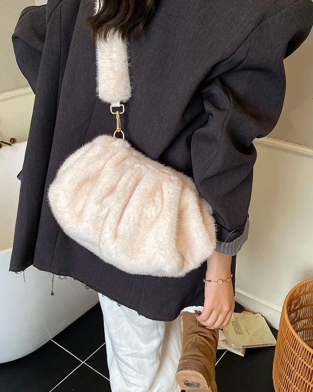 Ruched Faux Fur Cloud Shoulder Bag