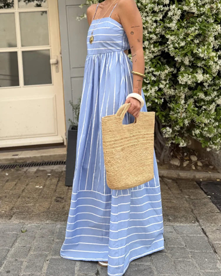 Striped Spaghetti-Strap Backless Maxi Dress