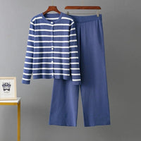 O Neck Buttons Stripe Knit Loose Sweater Sets