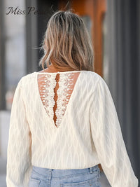 Lace Back Trumpet Sleeve V-Neck Blouse