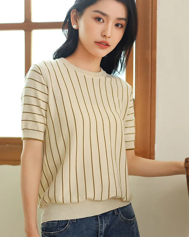 Pure Cotton Loose-Fit Vertical Striped T-Shirt