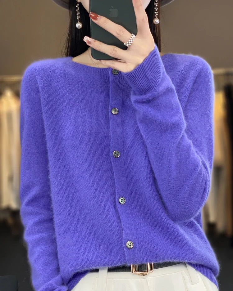 Wool O-Neck Seamless Single-Breasted Open Cardigan Sweater