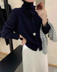 French-Style High-Neck Cashmere Knitted Cardigan