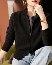 Wool Stand Collar Double Zipper Knit Cardigan Sweater
