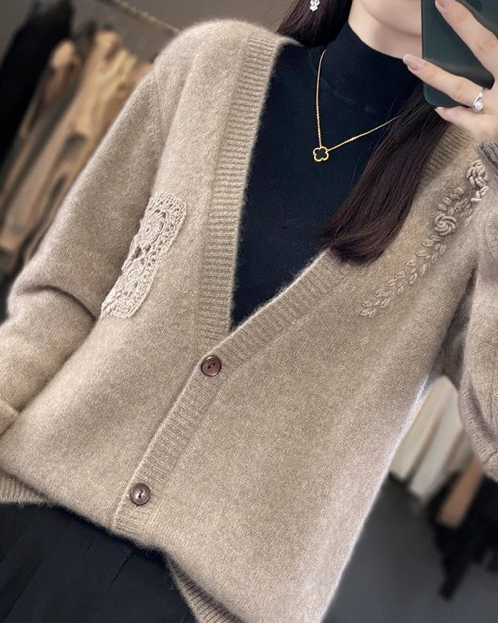 Crochet Merino Wool V-neck Cardigan