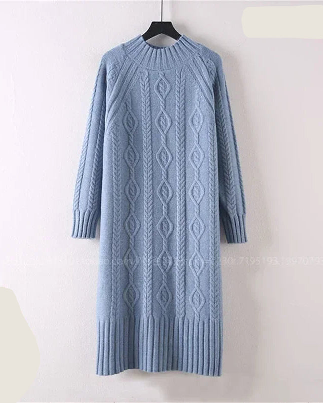 Thicken Mock-Neck Ribbed Knit Midi Sweater Dress