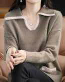 Contrast-Collar Mink Cashmere Sweater