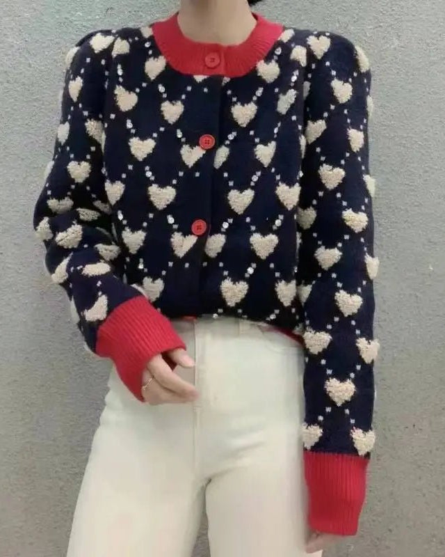 Ugly Sweater Heart Detail Knitted Short Cardigan