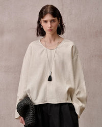 Fashionable Linen U-Neck Long-Sleeved Shirt