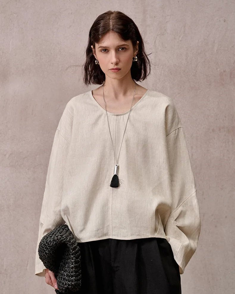 Fashionable Linen U-Neck Long-Sleeved Shirt