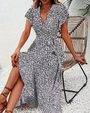 Floral Print V-Neck Lace-Up Flare Sleeve Midi Dress