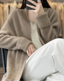 Wool Solid V-Neck Pocket Loose Long Knit Cardigan