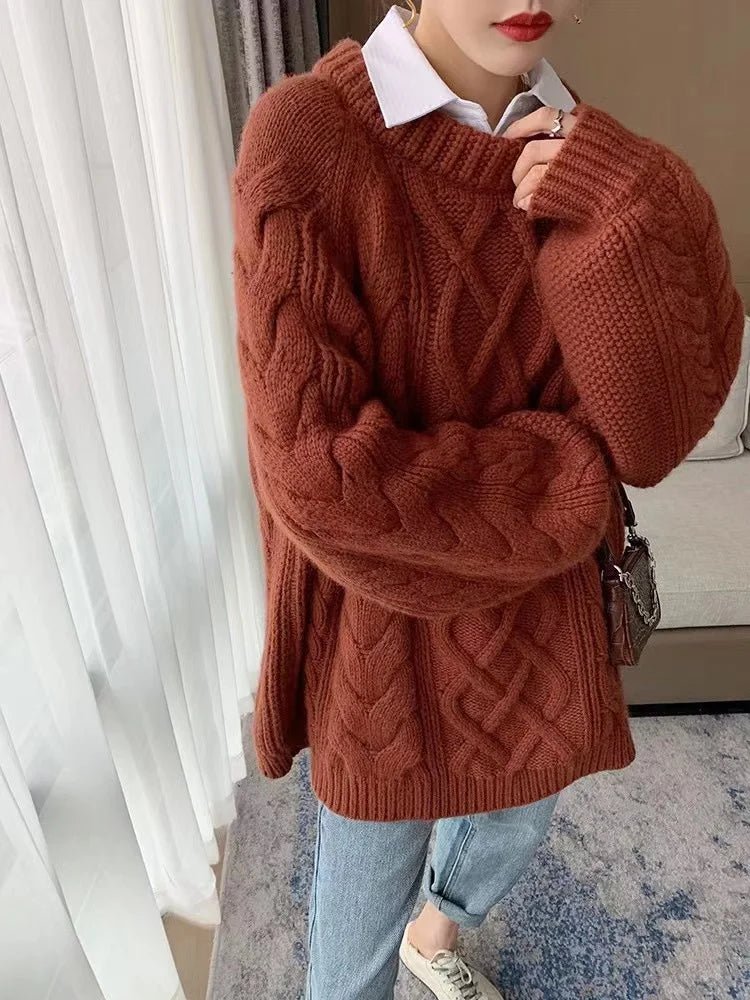 Twisted Woolen Knit Round Neck Sweater
