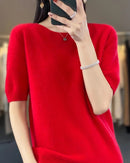 Wool Crew Neck Short-Sleeved Knit Sweater